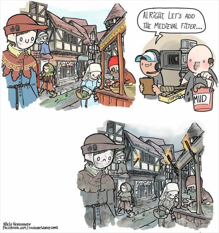 Cartoon showing a medieval village scene changing with a film crew applying a medieval filter for entertaining history memes.