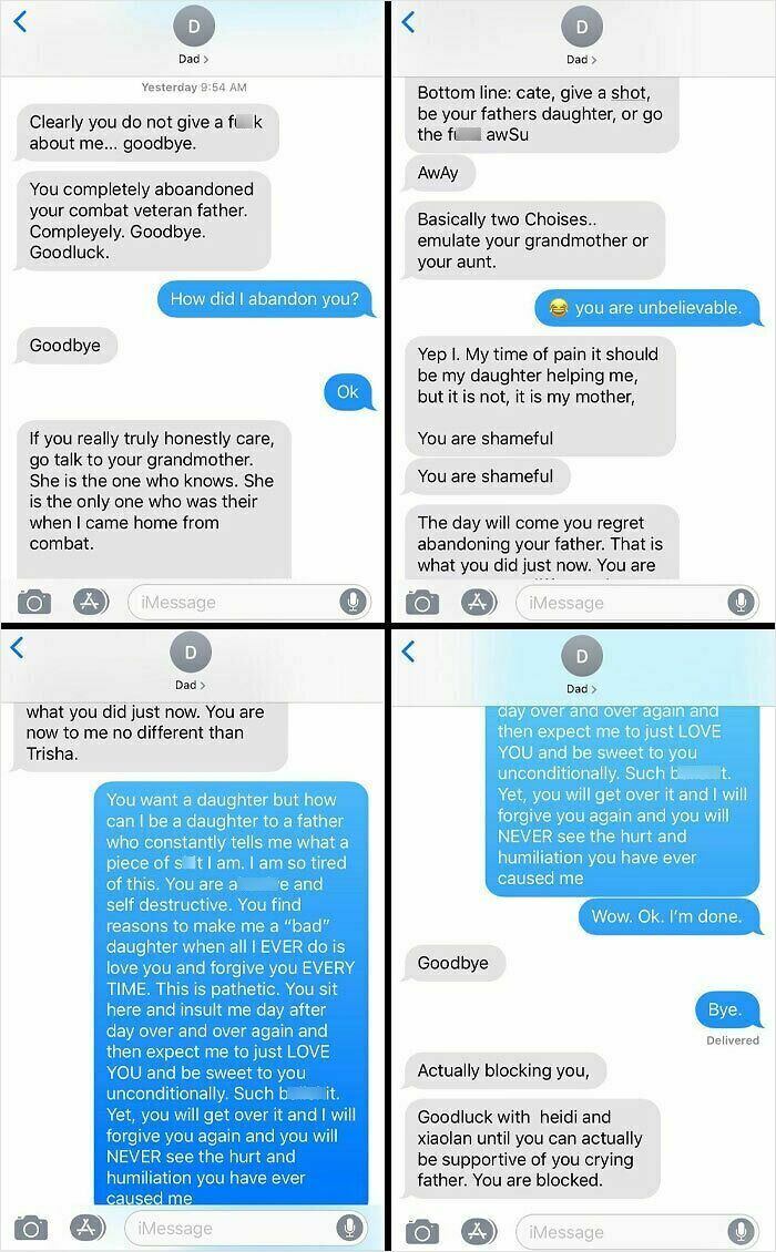 Text message exchange showing toxic behavior from dad, highlighting estrangement and emotional a***e in father-daughter relationship.