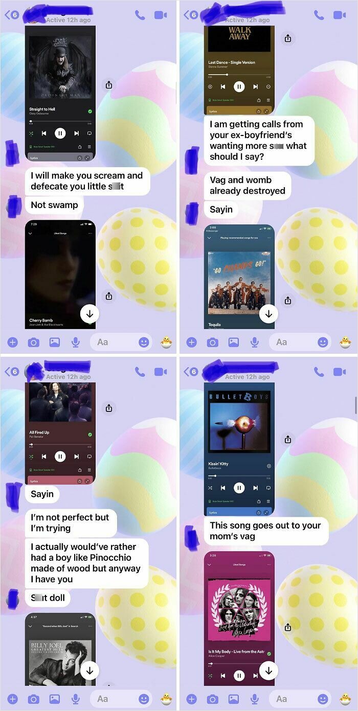 Screenshot collage of toxic behavior in text messages from a dad, highlighting offensive language and insults toward his child.
