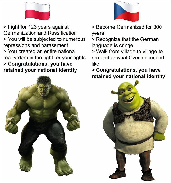 Comparison meme with Hulk representing Polish history and Shrek representing Czech history, highlighting entertaining history memes.