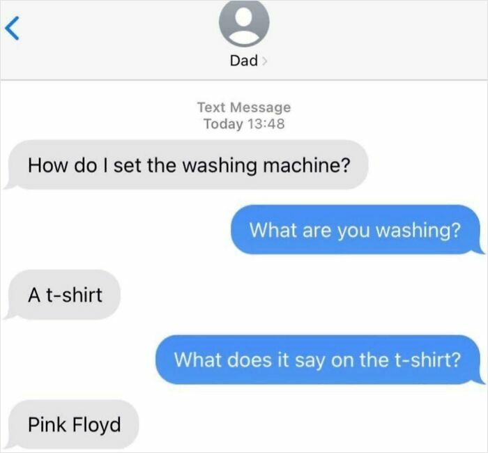 Text message exchange showing a dad asking for washing machine help, highlighting hilarious dads nailing fatherhood.