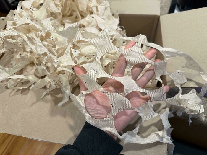Hand holding eco-friendly packaging mesh inside an open cardboard box as a genius solution to packaging waste problems.
