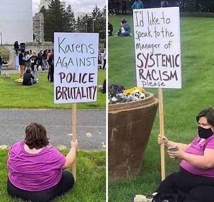 Two photos of a woman holding protest signs with weird and unhinged type of humor style.