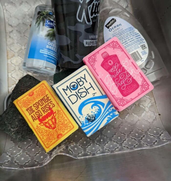 Three novelty sponges with book-themed designs in a dish rack, perfect for a dopamine hit and fun cleaning finds.