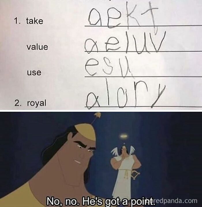 Handwritten alphabetical order homework with incorrect answers followed by cartoon character agreeing, weird and unhinged memes humor.