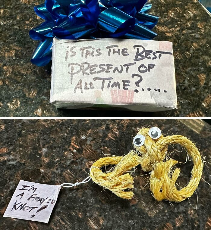 A hilarious dad gift wrapped with a blue bow and a frayed knot keychain, showcasing funny dad humor and creativity.