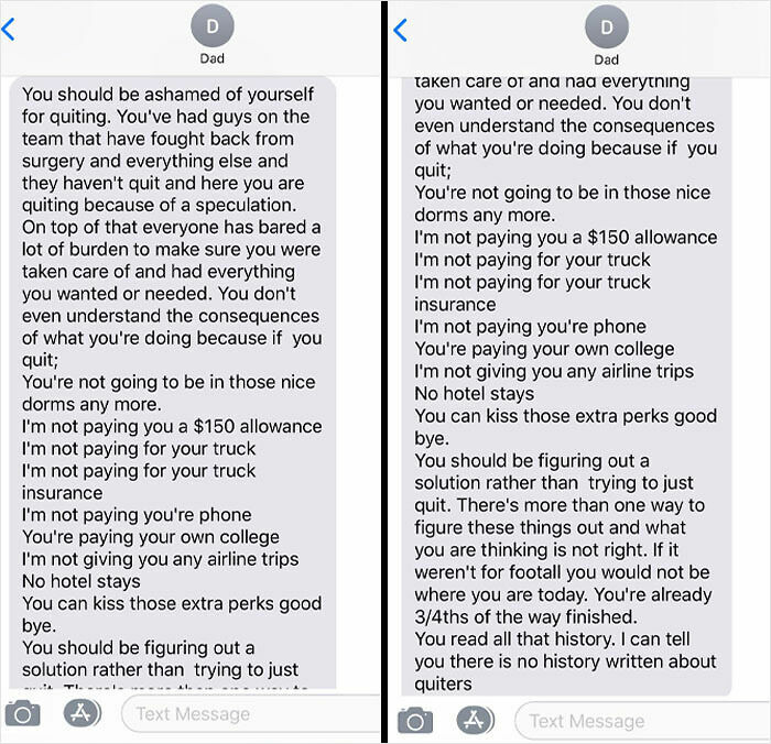 Text messages from a dad displaying toxic behavior, criticizing and threatening financial withdrawal from his child.