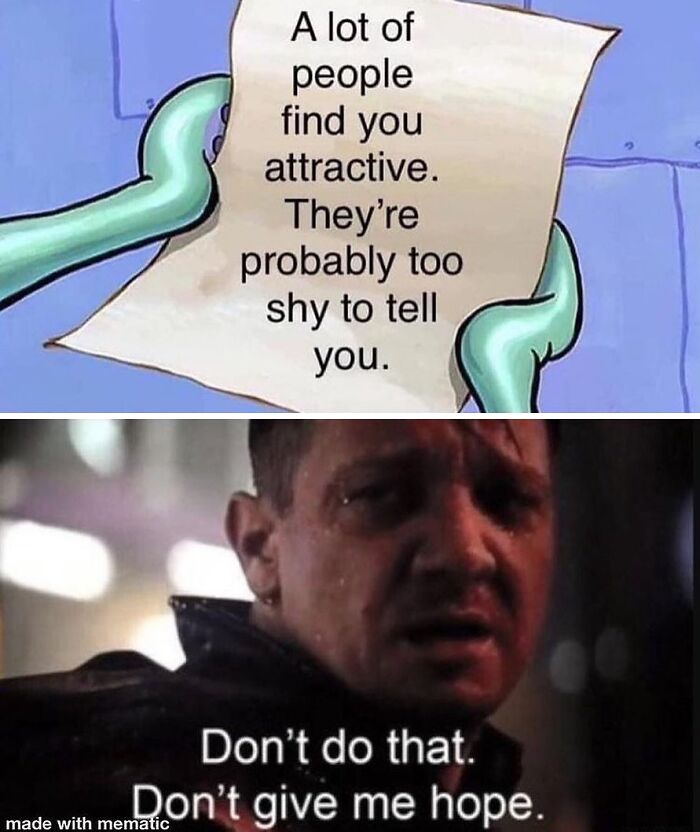 Cartoon hands holding a note about attraction above a crying man rejecting hope in weird and unhinged humor meme.