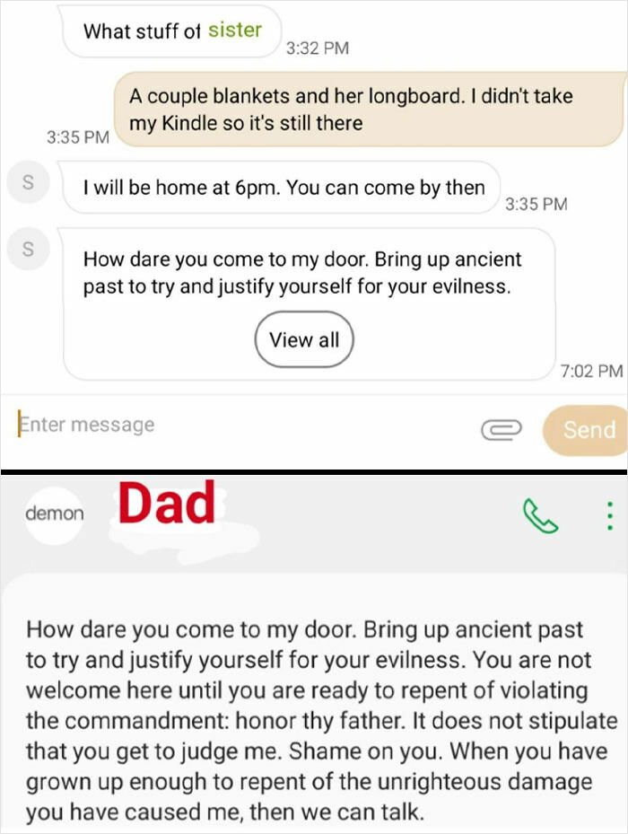 Text exchange and call screen showing toxic dad messaging with harsh judgment and refusal to communicate until repentance.