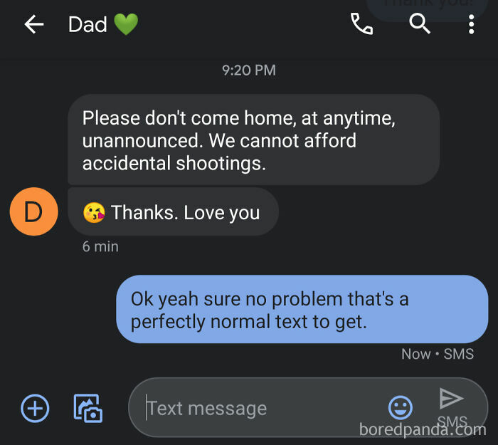 Text message from dad displaying toxic behavior warning about accidental shootings, illustrating toxic dad behavior effects.