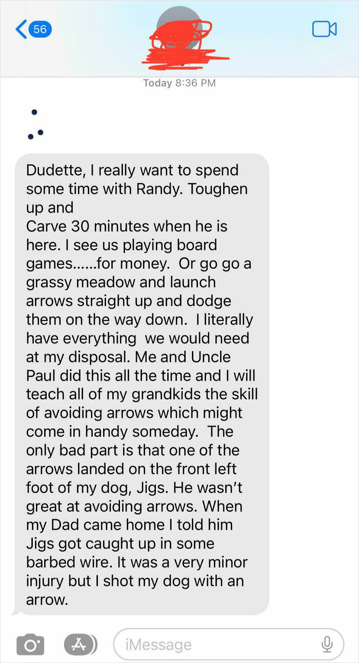 Text message showing toxic dad behavior, describing a confusing story about spending time and accidentally shooting a dog with an arrow.