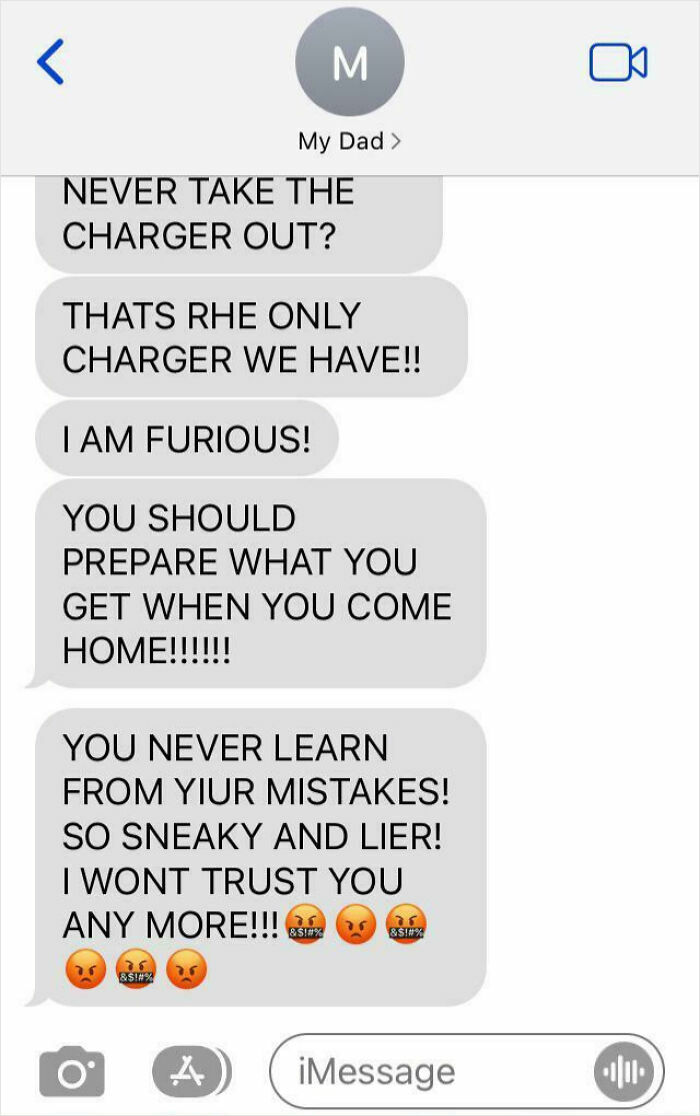 Angry and toxic text messages from dad accusing child of sneaky behavior and expressing distrust with multiple angry emojis.