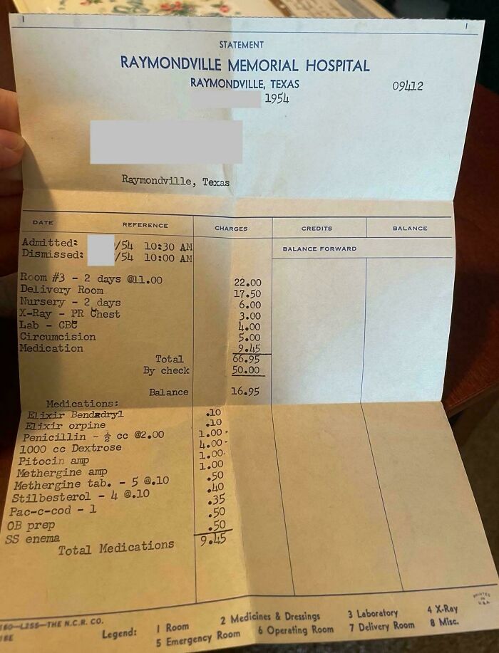 Medical photo of a 1954 hospital bill from Raymondville Memorial Hospital showing detailed charges and medications.