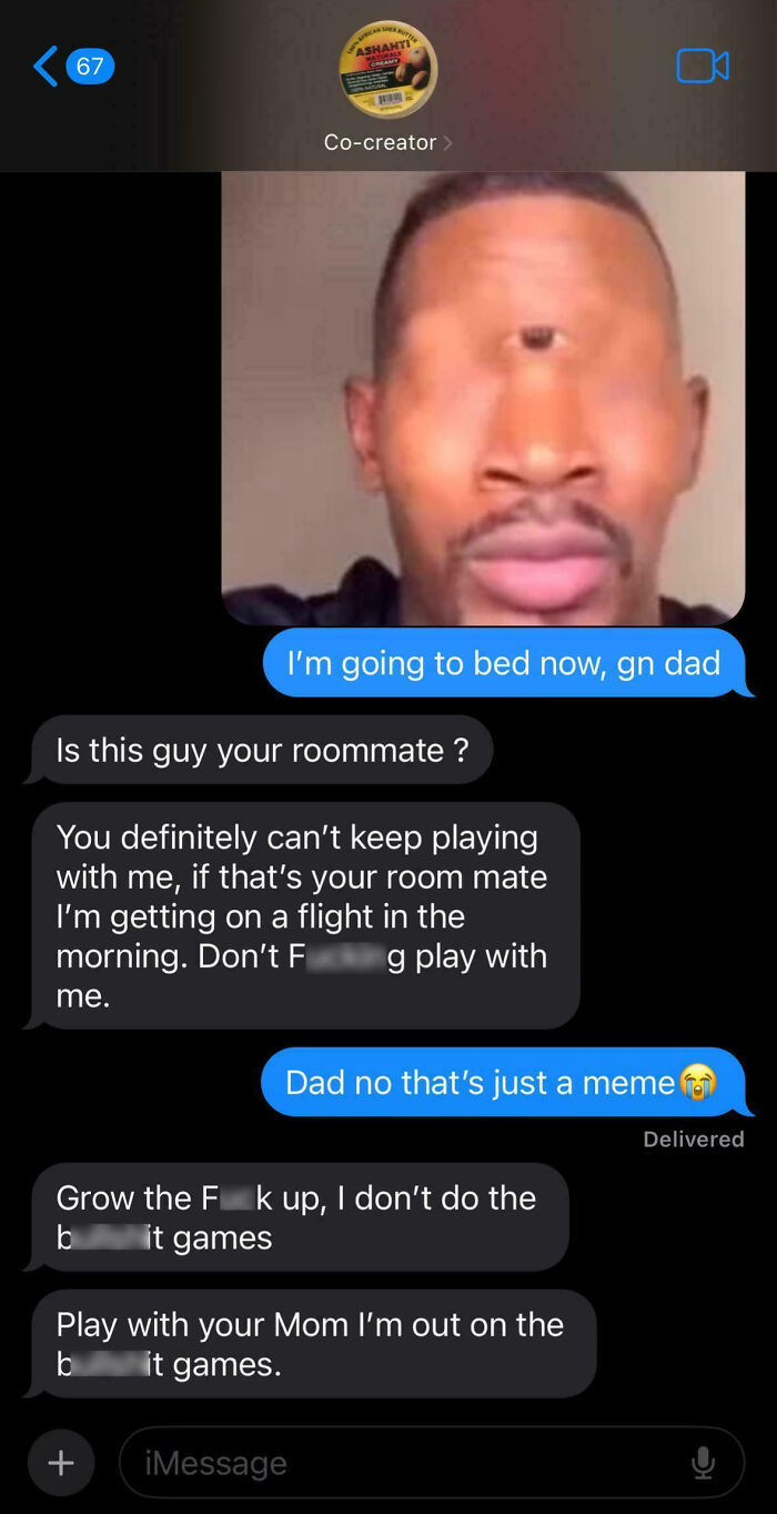 Text message exchange showing toxic behavior from dad, expressing anger and refusal to engage in playful conversation.