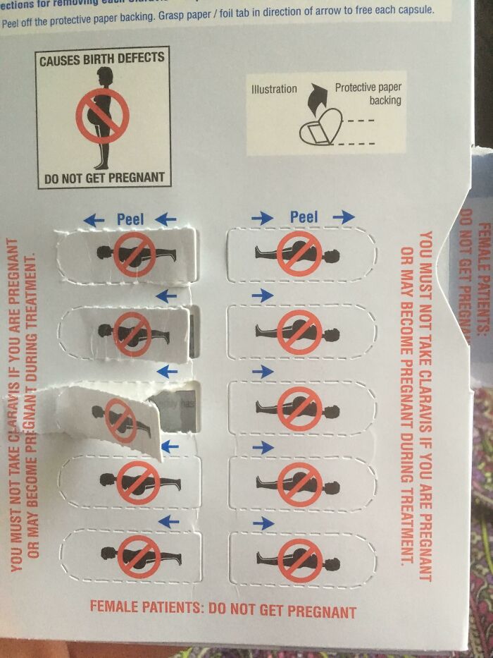 Medication blister pack with warnings for female patients about birth defects and pregnancy prevention in medical photos.