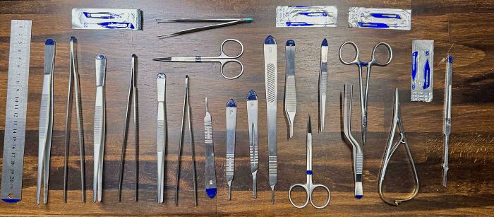 Various medical instruments and surgical tools neatly arranged on a wooden surface for medical photos.