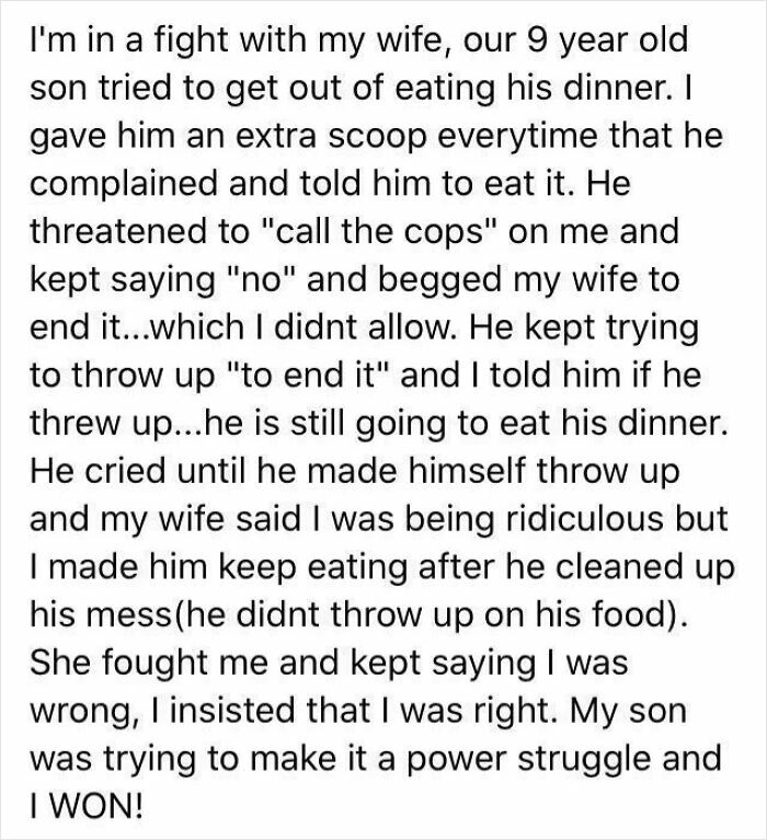 Text post showing toxic dad behavior, describing a power struggle with his son over eating dinner and forcing him to eat.