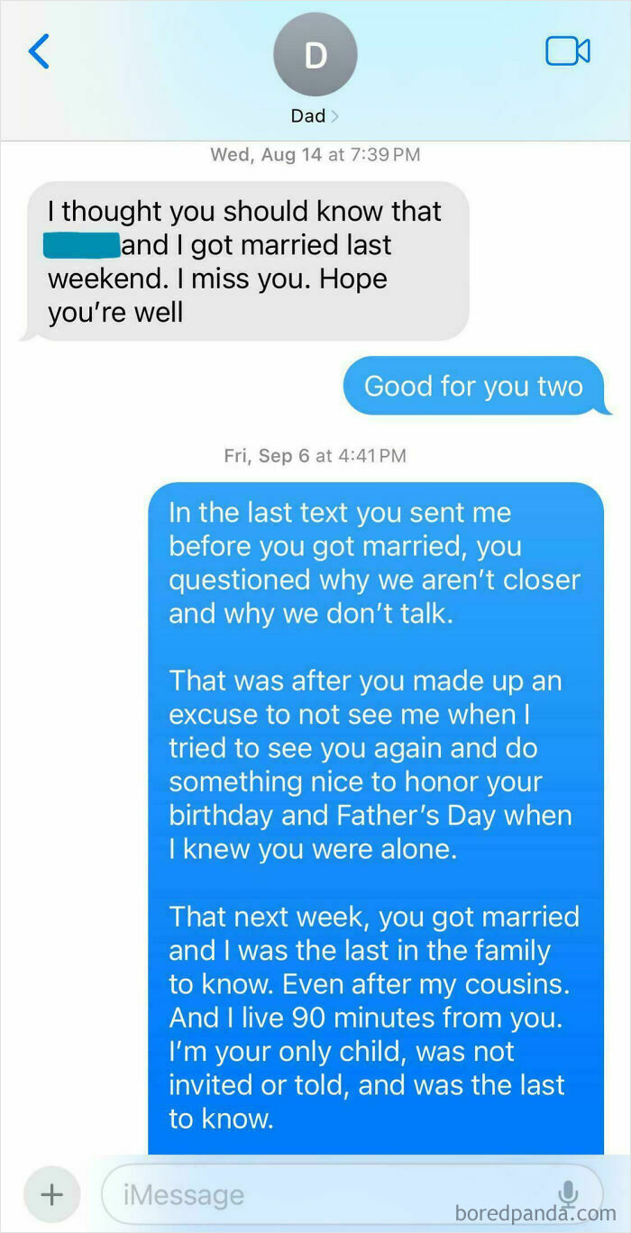 Text message exchange showing toxic dad behavior with ignored feelings and lack of communication from his only child.