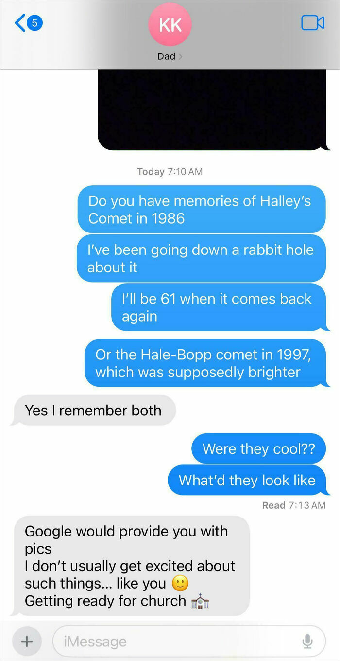 Text conversation showing a dad displaying toxic behavior by dismissing his child's curiosity about comets.
