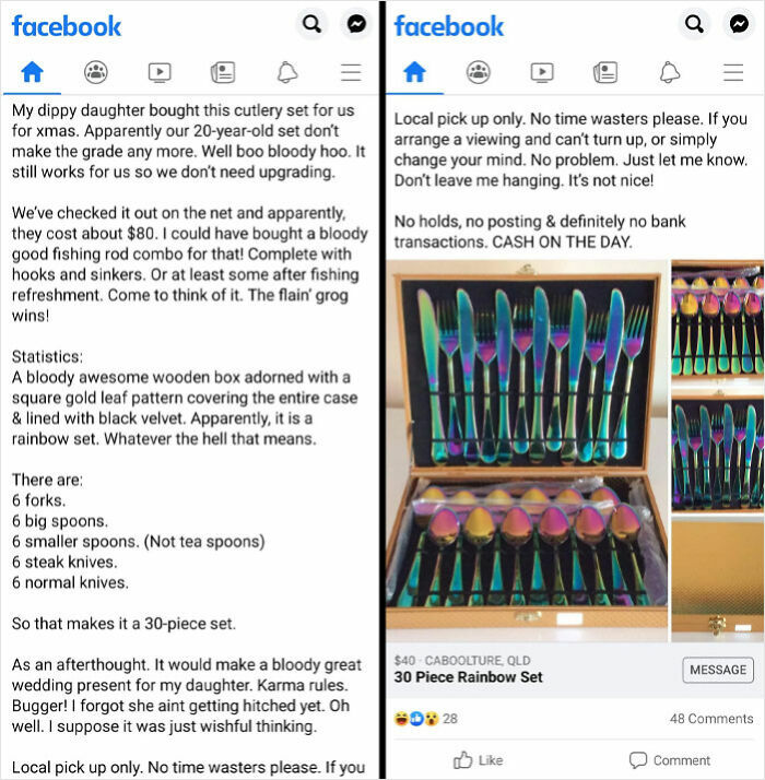 Facebook post showing a sarcastic rant about an old cutlery set, highlighting toxic dad behavior and family tension.