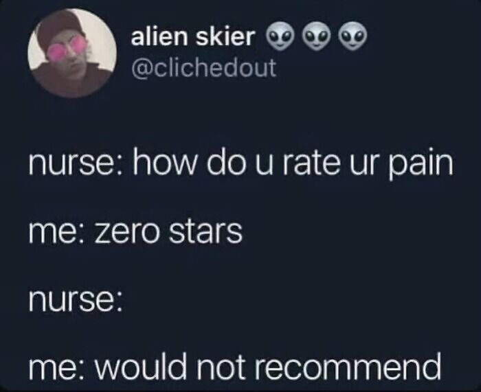 Social media post humor about rating pain with zero stars, relatable for neurodivergents.