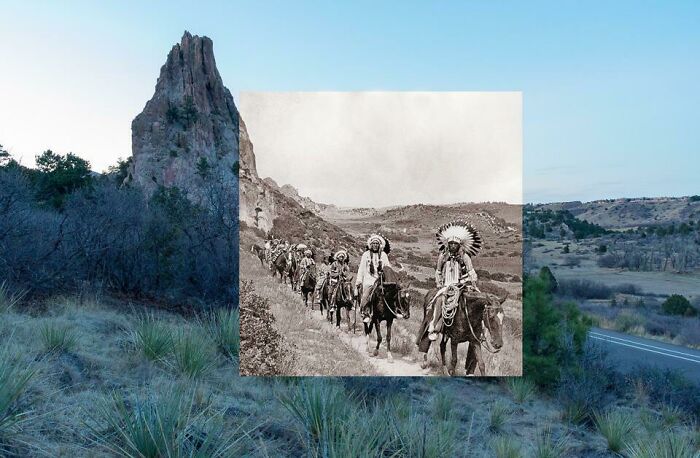 Landscape of rocky terrain with a historic photo of Native Americans on horseback, showcasing fascinating world geography.