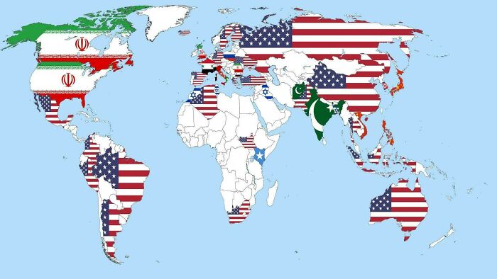 World geography map showing countries filled with different national flags, highlighting global patterns and connections.