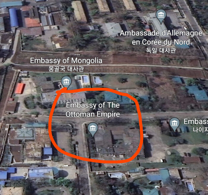 Aerial view of embassies including the Ottoman Empire, Mongolia, and Germany showcasing unique world geography locations.