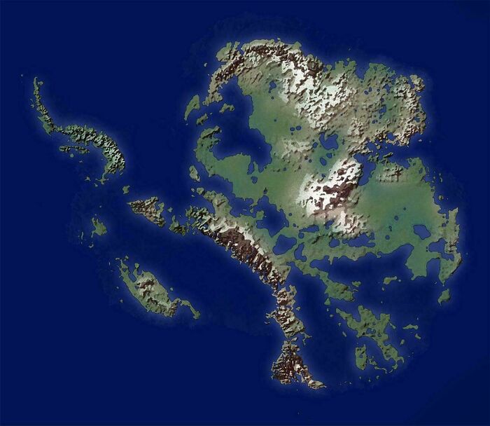 A detailed satellite view of an island with mountainous terrain and bodies of water, showcasing world geography.