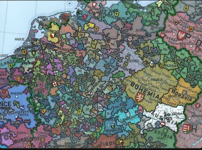 Colorful detailed map showcasing European regions, highlighting fascinating world geography and historical boundaries.