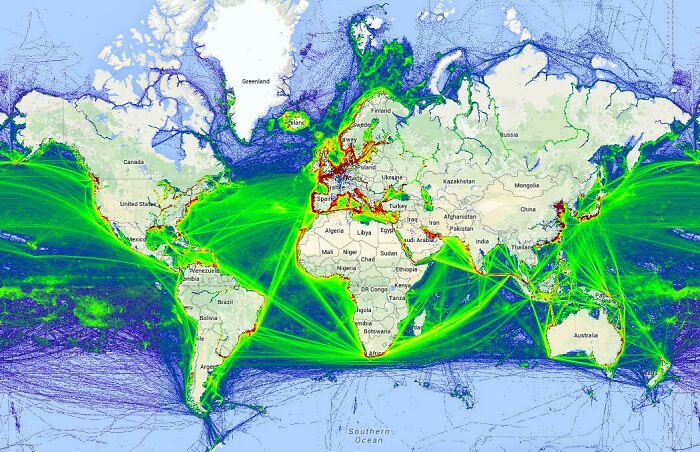 Global map showing major shipping routes and connections highlighting world geography and maritime traffic patterns.