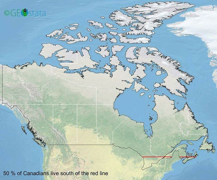 Map showing world geography with a red line indicating where 50% of Canadians live south of the line.