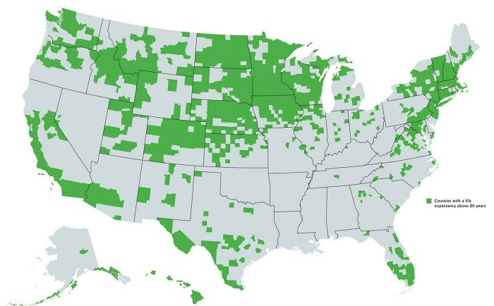 Map of United States counties showing life expectancy above 80 years highlighting world geography and demographic variation.