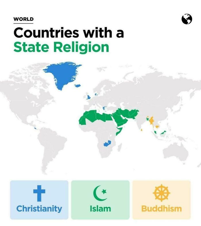 World geography map showing countries with a state religion, highlighting Christianity, Islam, and Buddhism regions.