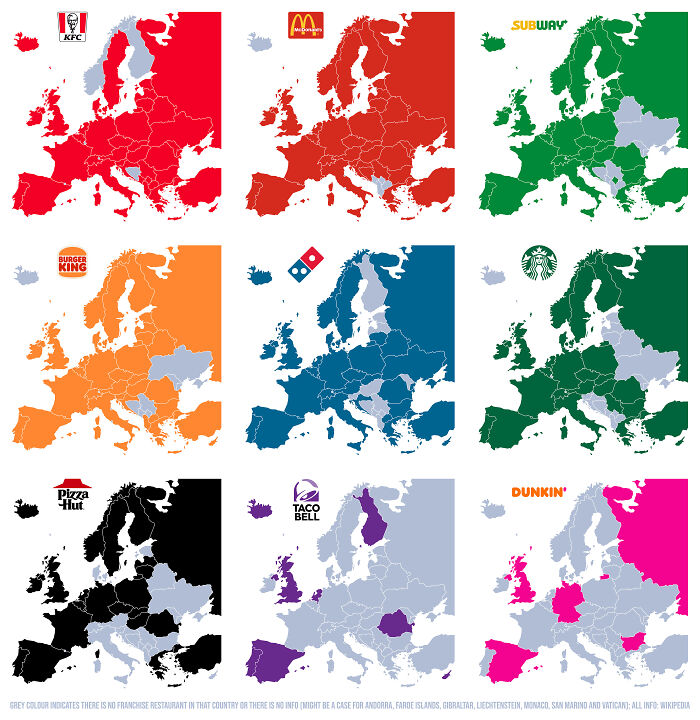 Maps of Europe showing the most popular fast food franchise by country, highlighting world geography insights.