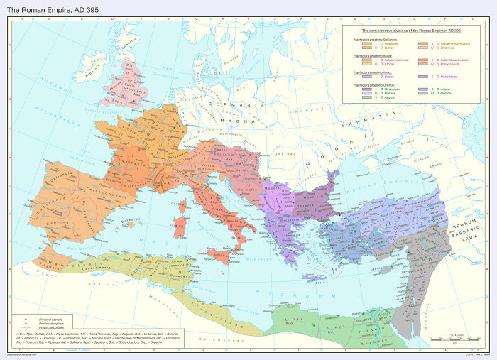 Map showing the administrative divisions of the Roman Empire in AD 395 highlighting world geography regions.