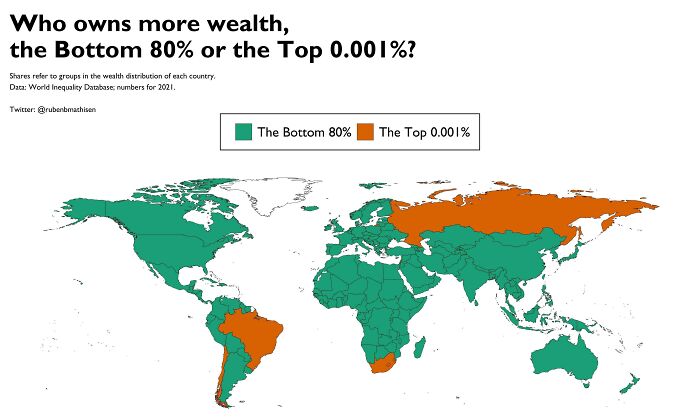 World geography map showing wealth distribution between the Bottom 80% and the Top 0.001% by country in 2021.