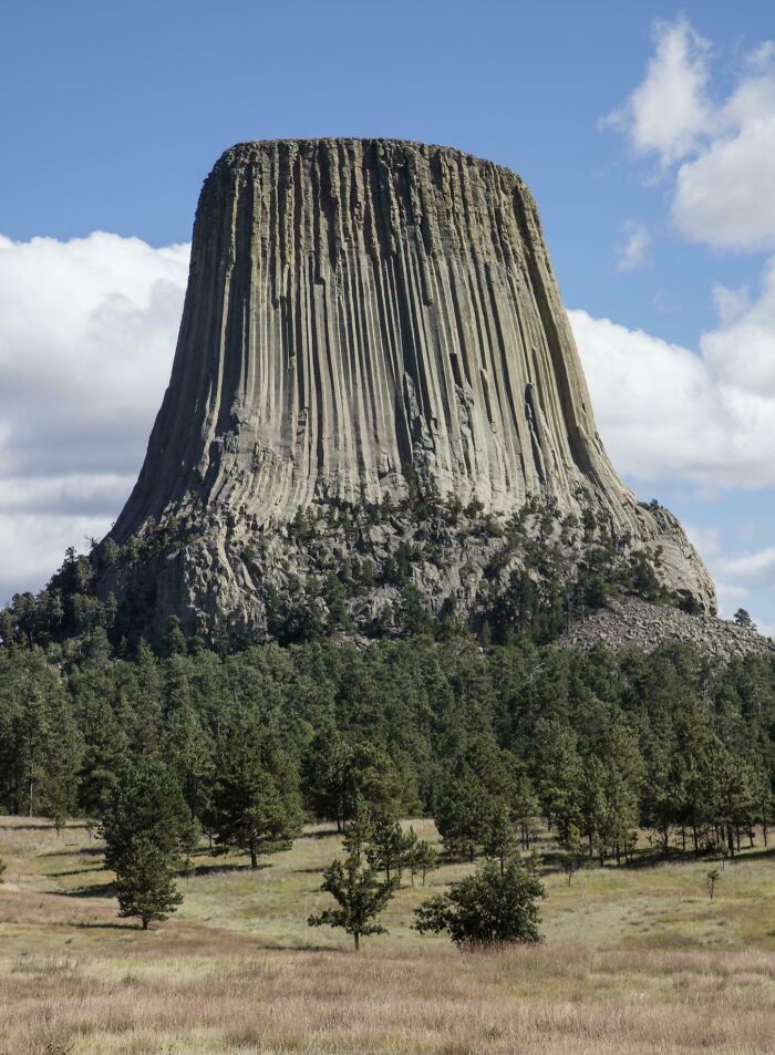 Devils Tower rising above a forest landscape under a partly cloudy sky, showcasing unique world geography features.