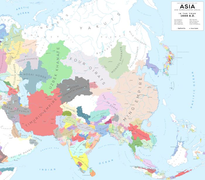 Historical map of notable societies in Asia in 1444 A.D., showcasing world geography and regional empires.