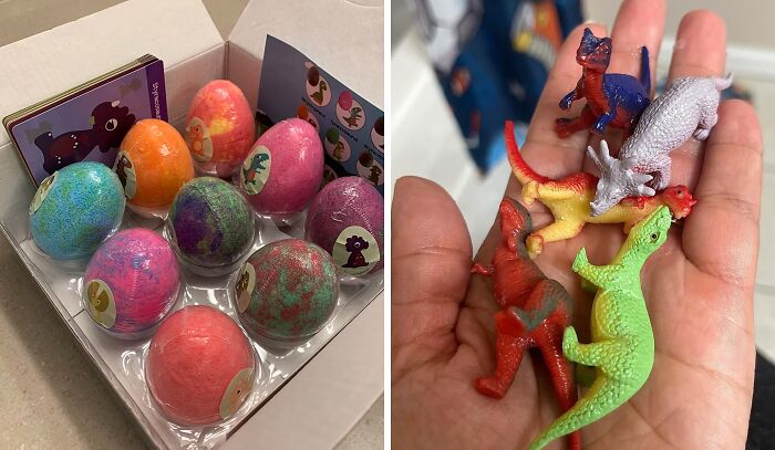 Colorful surprise eggs and small dinosaur toys shown as popular toys under 20 dollars for gifting ideas.