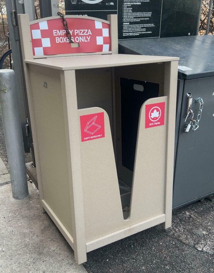Outdoor pizza box disposal bin with separate slot for empty boxes, designed as a genius solution to overlooked waste problems.