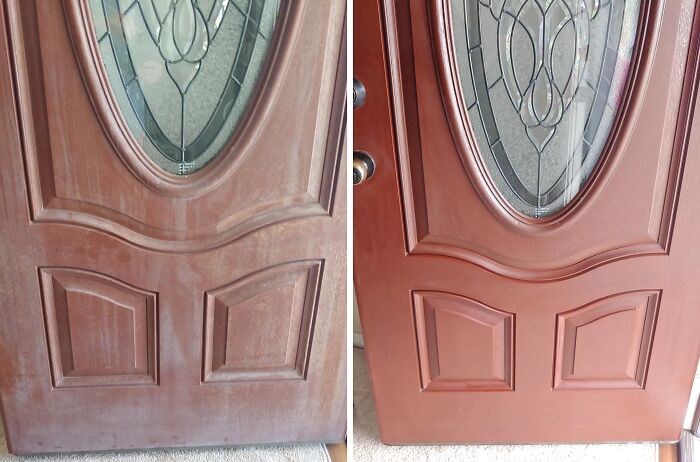Before and after photo of a red wooden door cleaned, related to roommate issues and Reddit tales solutions.