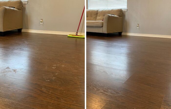 Side-by-side comparison of wooden floor before and after cleaning, illustrating common roommate mess solutions.