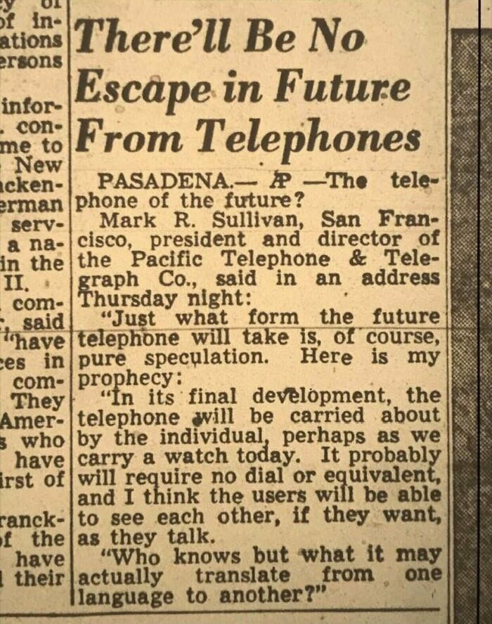 Vintage 1950s newspaper clipping predicting future telephone technology and communication advancements.