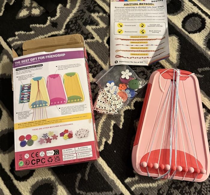 Friendship bracelet making kit with colorful threads, beads, and instructions for skill-building hobbies.