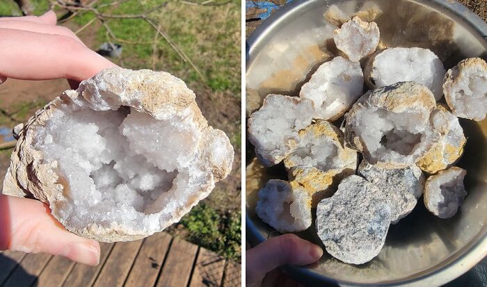 Hand holding a geode rock with crystals inside, showcasing a fun hobby for trading screen time for skill time.