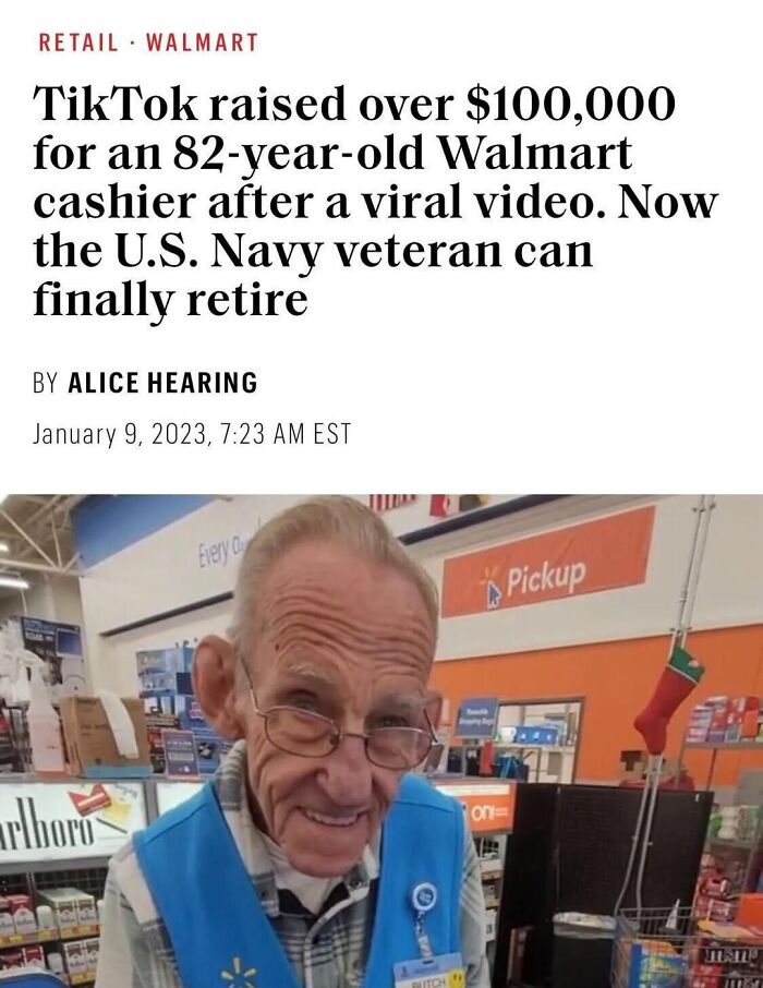 Elderly Walmart cashier smiling happily after viral video highlights beauty of planet earth through human kindness.