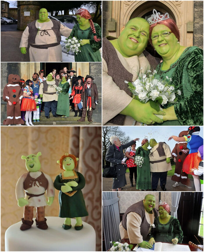 Couple dressed as Shrek and Fiona celebrating a joyful wedding surrounded by colorful costume guests and themed cake.