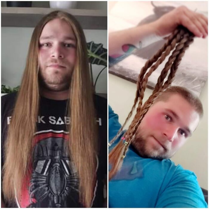 Side-by-side images of a man before and after cutting long hair into braided strands, showing natural beauty of planet earth.