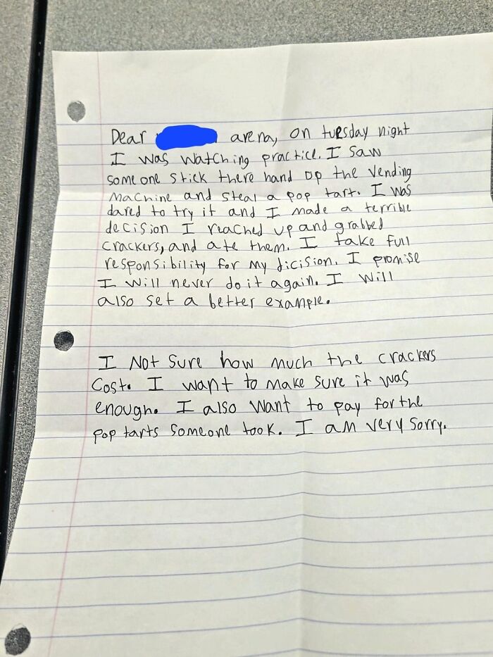 Handwritten apology letter on lined paper showing honesty and responsibility, reflecting the beauty of planet Earth values.